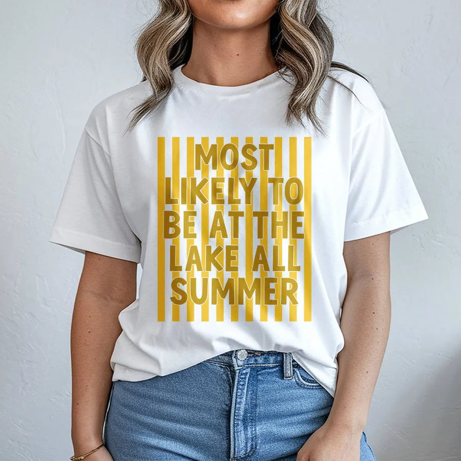Summer Lake T-Shirt | Funny Most Likely To Be At The Lake All Summer Graphic | Premium Cotton Blend | Unisex Vacation Gift