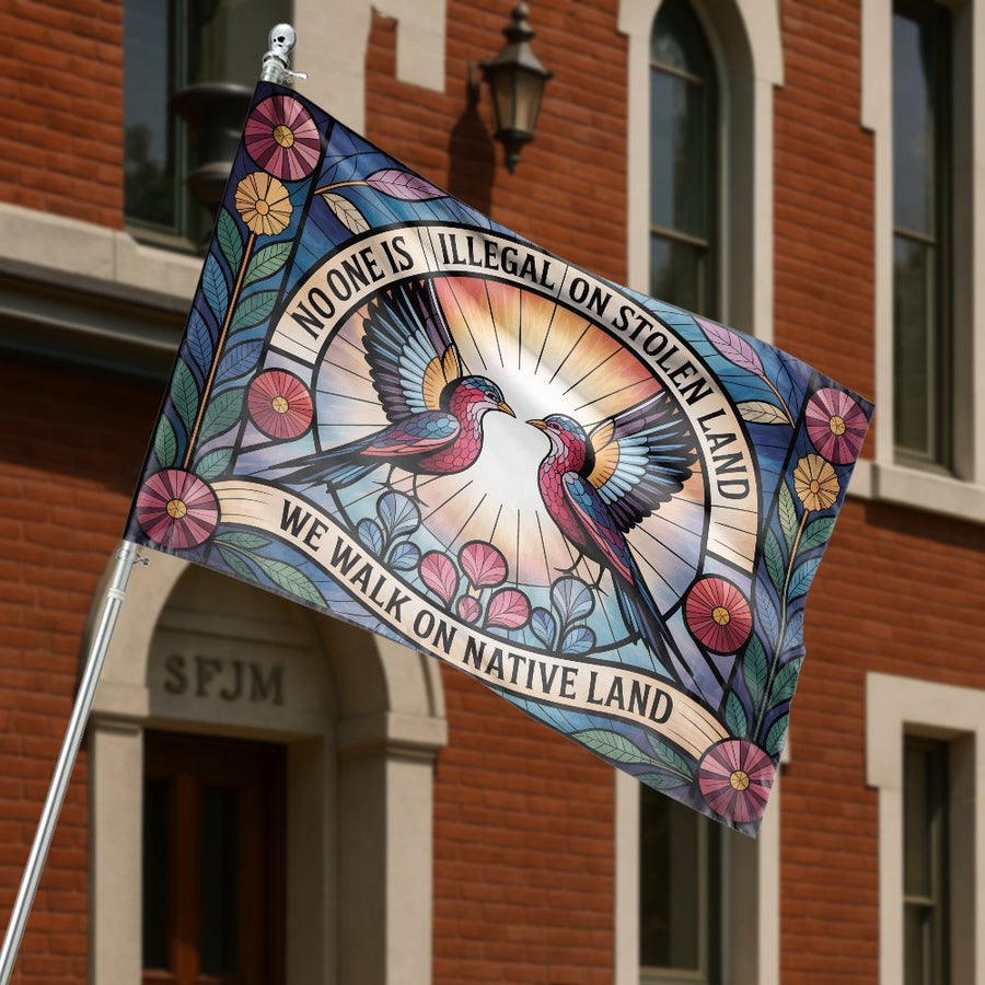No One Is Illegal House Flag | Stained Glass Art Style | Premium Weather-Resistant Polyester | Native Rights Social Justice House Banner