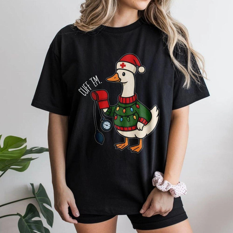Nurse Christmas T-Shirt | Funny Cuff Em Goose Graphic Tee | Premium 100% Cotton Apparel | Cute Holiday Gift for ER Nurses & Medical Staff