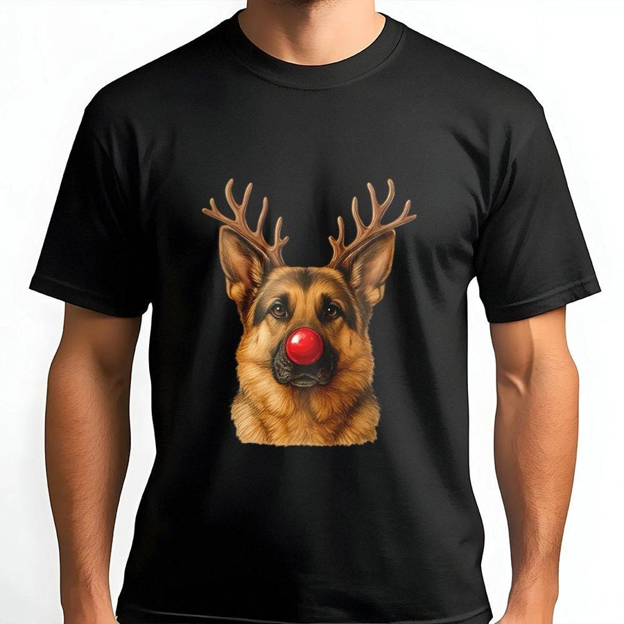 German Shepherd Christmas T-Shirt | Reindeer Antlers & Red Nose Graphic | Premium Soft Cotton | Funny Holiday Dog Lover Gift for Men & Women
