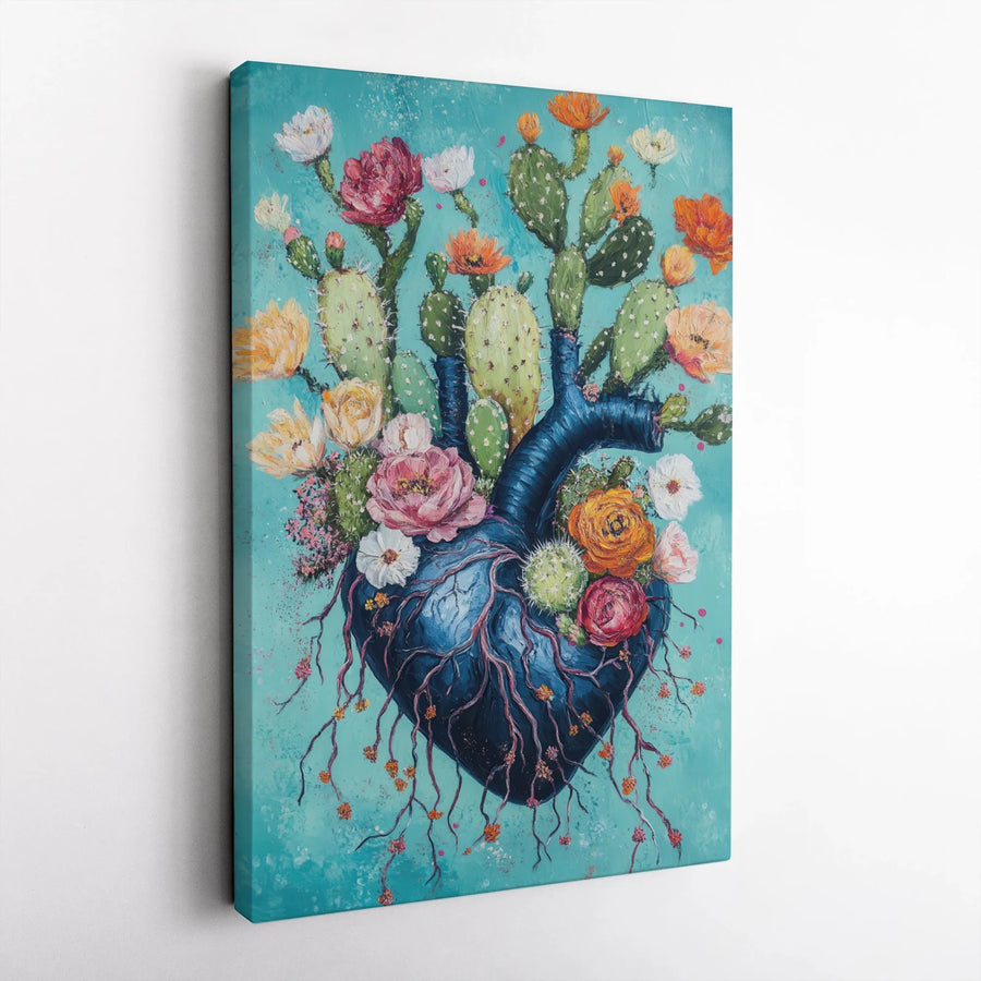 Anatomical Heart Canvas Art | Botanical Cactus Desert Flower Wall Decor | Premium 1.25 Inch Gallery Wrap | Unique Floral Gift for Her
