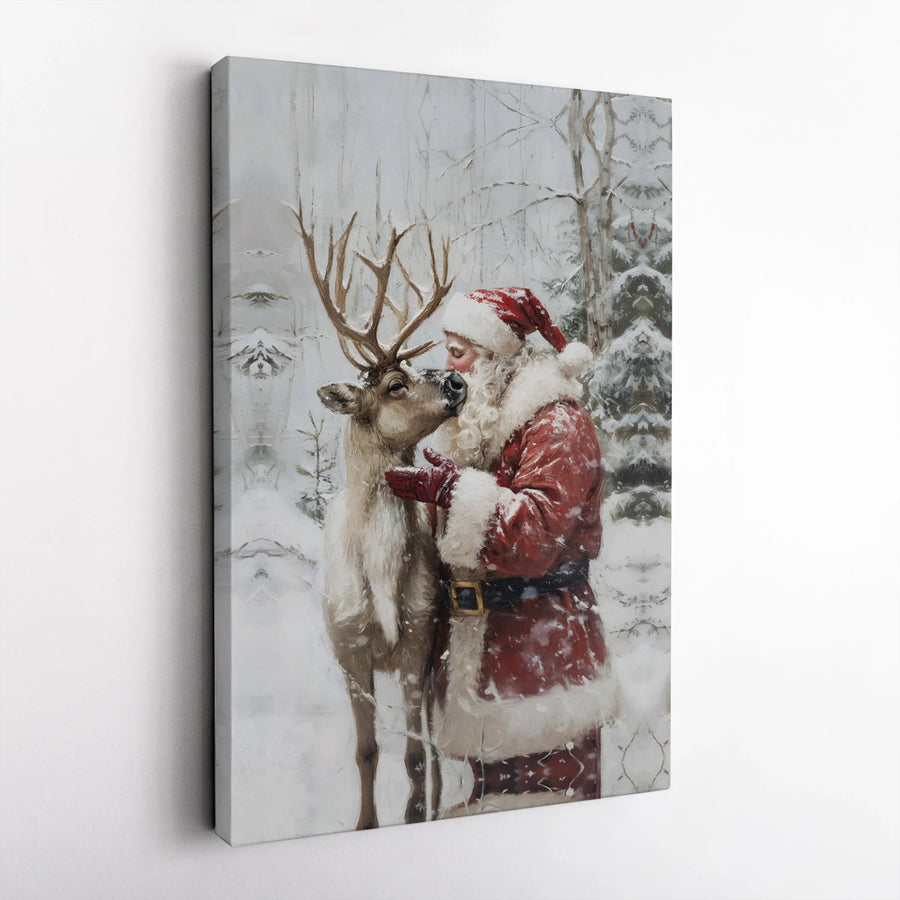 Santa and Reindeer Canvas Wall Art | Snowy Winter Forest Painting | Premium Gallery Wrapped Decor | Festive Christmas Gift for Holiday Home