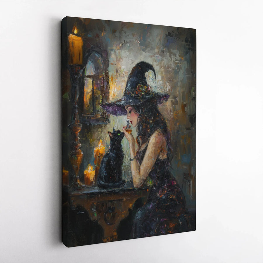 Witch and Black Cat Canvas Art | Gothic Fantasy Potion Painting | Gallery-Wrapped 1.25" Profile | Moody Witchy Home Decor Gift