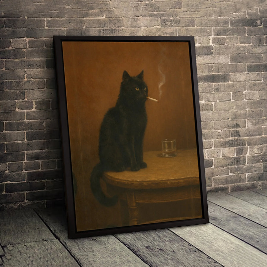 Black Cat Smoking Canvas Wall Art | Whimsical Moody Oil Painting Style | Premium Fade-Resistant Gallery Print | Unique Gift for Cat Lovers
