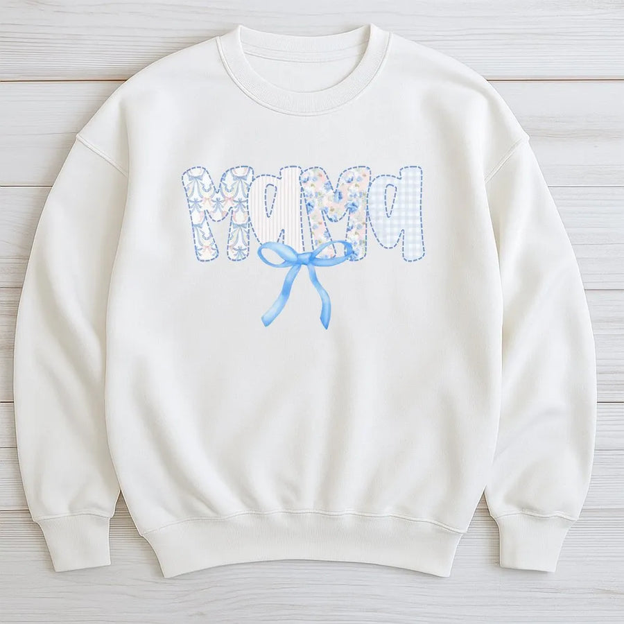 Mama Sweatshirt | Blue Bow Patchwork Lettering | Soft Cotton Blend | New Mom Gift for Mother's Day