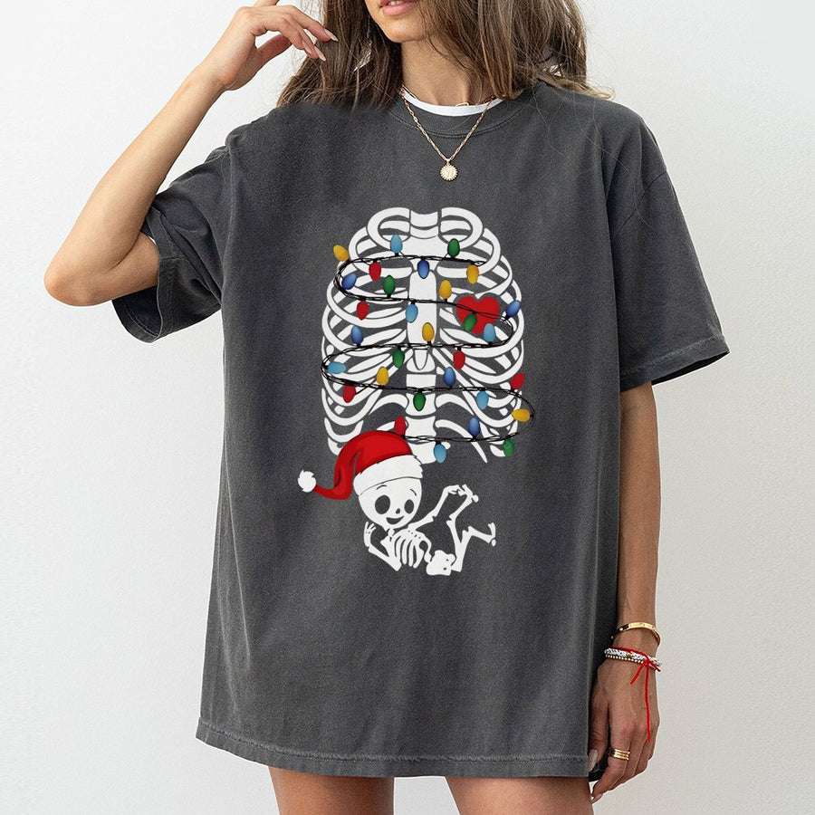 Christmas Pregnancy T-Shirt | Skeleton Baby & Xmas Lights Graphic | 100% Cotton Premium Tee | Cute Maternity Holiday Gift for Expecting Moms