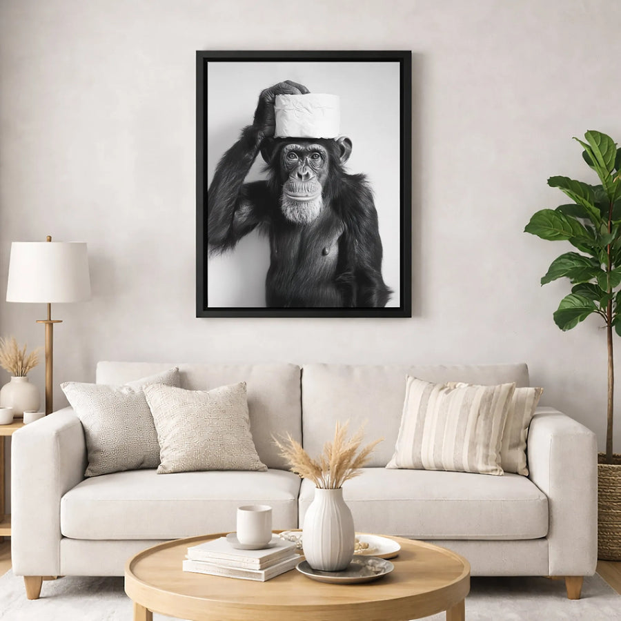 Chimpanzee Toilet Paper Wall Art | Funny Monkey Black and White Portrait | Gallery-Quality 1.25 Inch Canvas | Quirky Bathroom Decor Gift