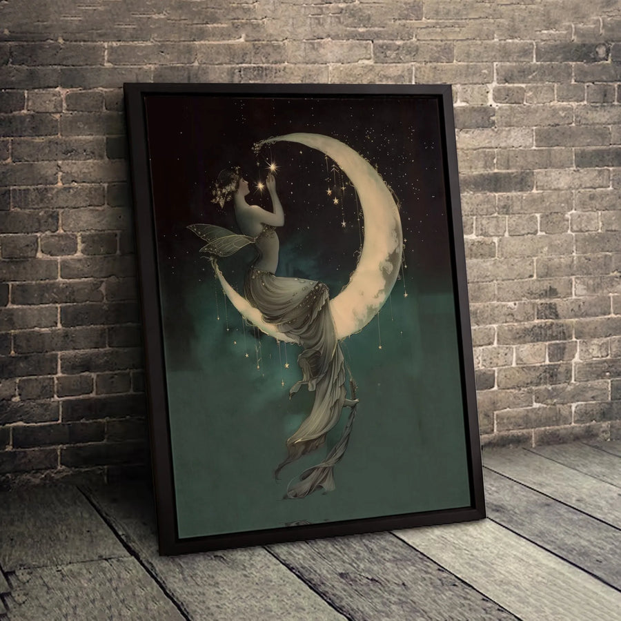 Fairy Wall Art | Celestial Crescent Moon and Stars Aesthetic Decor | Premium Gallery Wrap Canvas | Magical Whimsical Home Gift