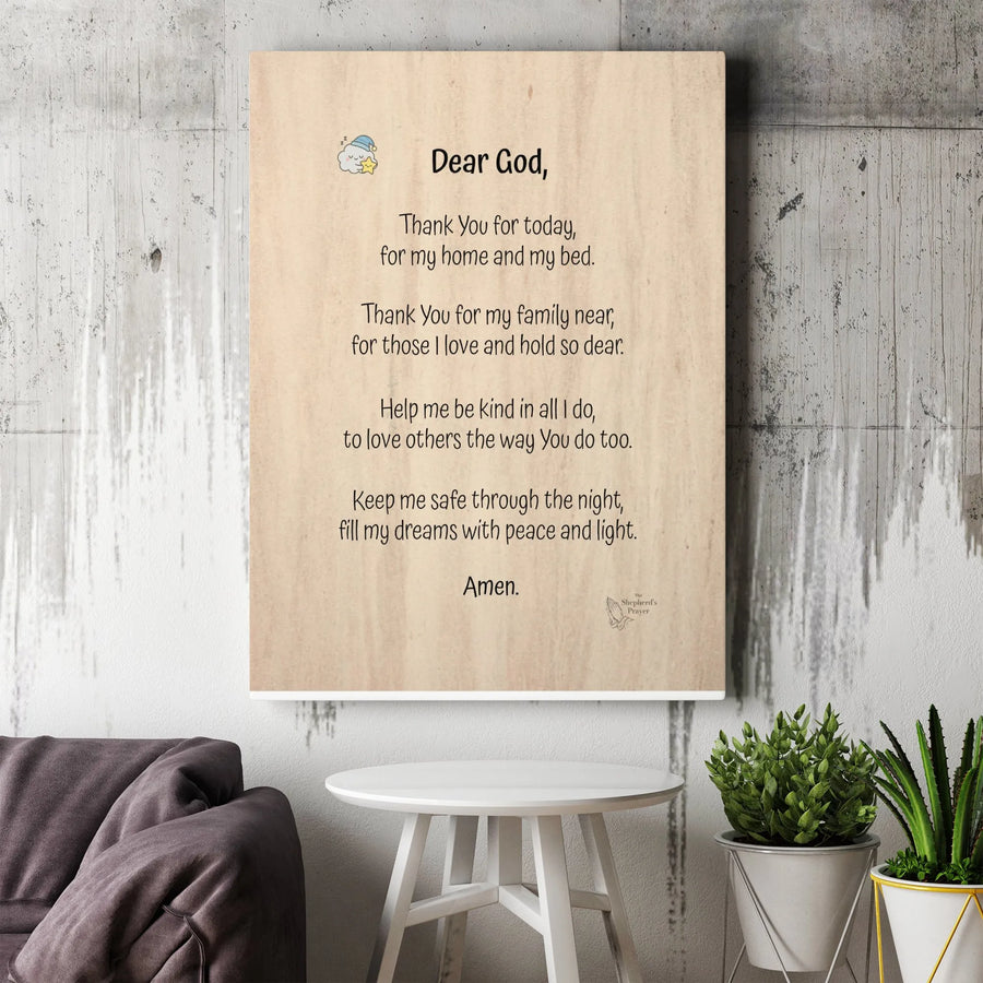 Children's Bedtime Prayer Canvas Wall Art | Dear God Prayer with Sleepy Cloud | Premium Canvas Print | Christian Nursery Decor Gift for Kids & Baptism