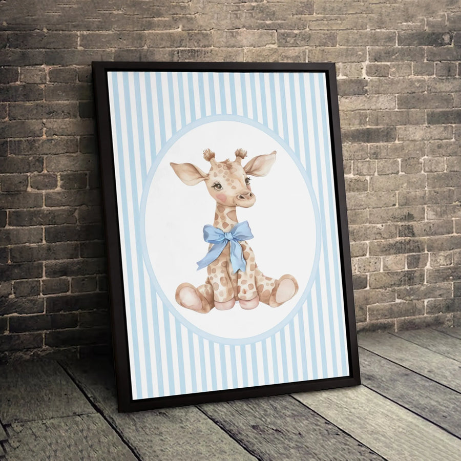 Baby Giraffe Wall Art | Watercolor Nursery Decor With Blue Bow | Premium Gallery Wrapped Canvas | Gender Neutral Baby Shower Gift