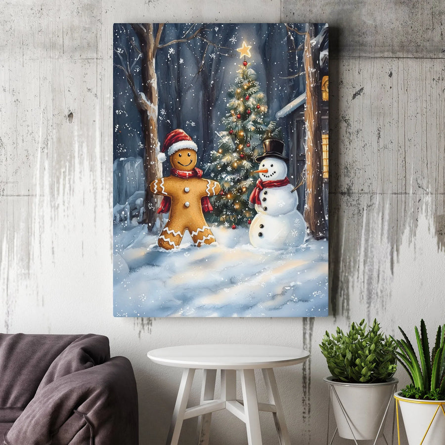 Christmas Wall Art Canvas | Gingerbread Man And Snowman Watercolor Print | Premium Gallery-Wrapped Holiday Decor | Festive Winter Home Gift