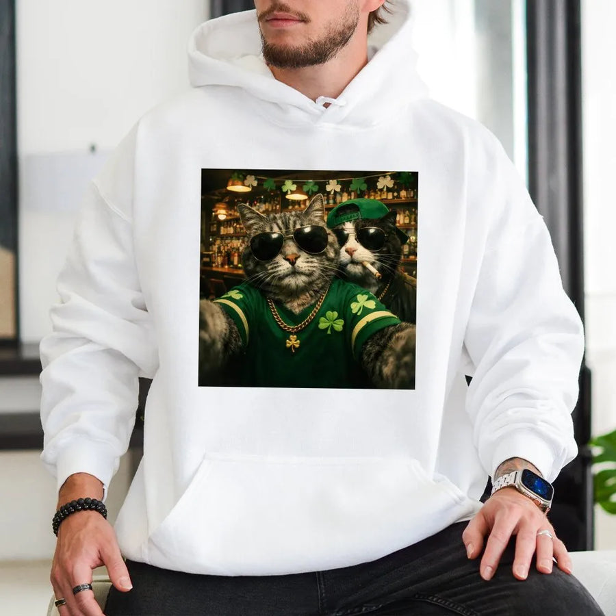 St Patrick's Day Hoodie | Funny Cool Cats Selfie Graphic | Premium Cotton Blend Unisex Sweatshirt | Gift for Cat Lovers