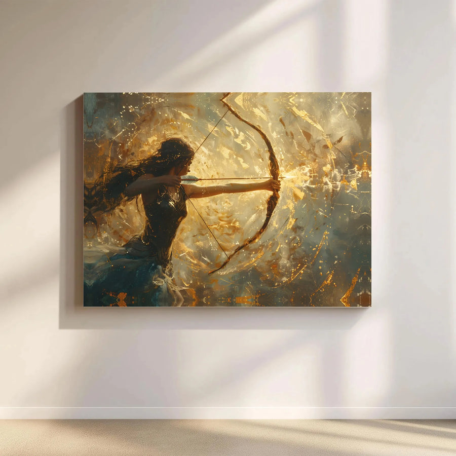 Female Archer Canvas Wall Art | Golden Abstract Warrior Goddess Decor | 1.25” Gallery Wrap Premium Print | Empowering Fantasy Home Decor