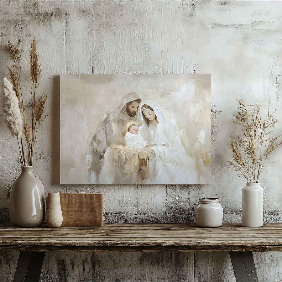 Holy Family Nativity Wall Art | Minimalist Jesus Mary Joseph Print | Premium Gallery Wrapped Canvas | Religious Christmas Home Decor Gift