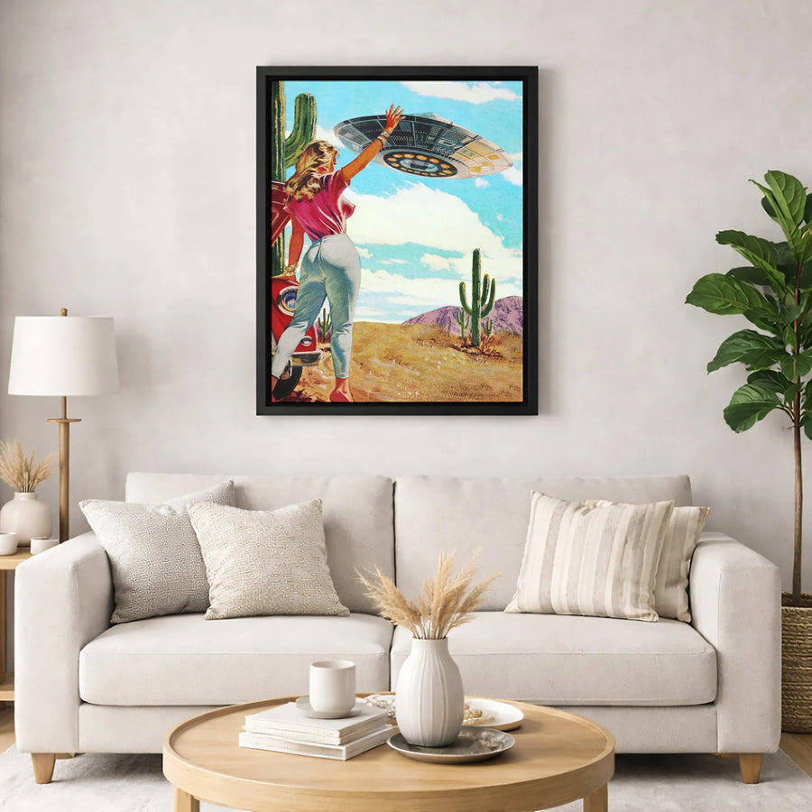 Retro Alien UFO Canvas Wall Art | Mid-Century Pin-Up Desert Scene | Premium Gallery Wrap Print | Unique Sci-Fi Home Decor Gift