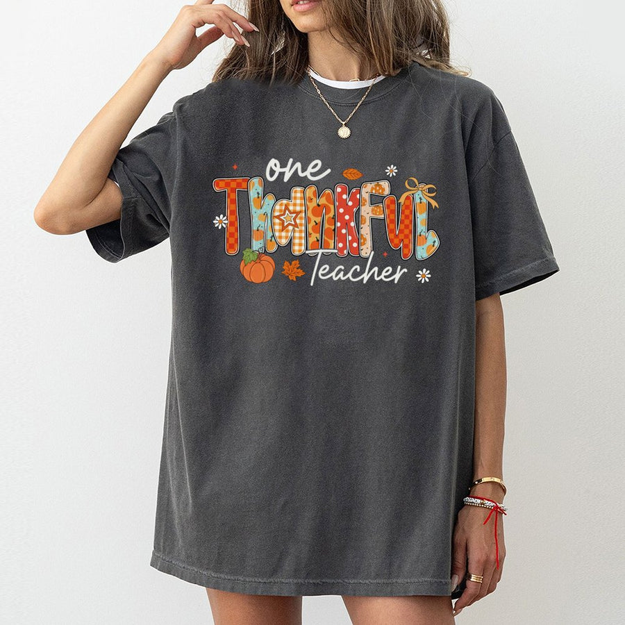 One Thankful Teacher T-Shirt | Fall Pumpkin Aesthetic Graphic Tee | 100% Cotton Premium Quality | Thanksgiving Gift For Teachers