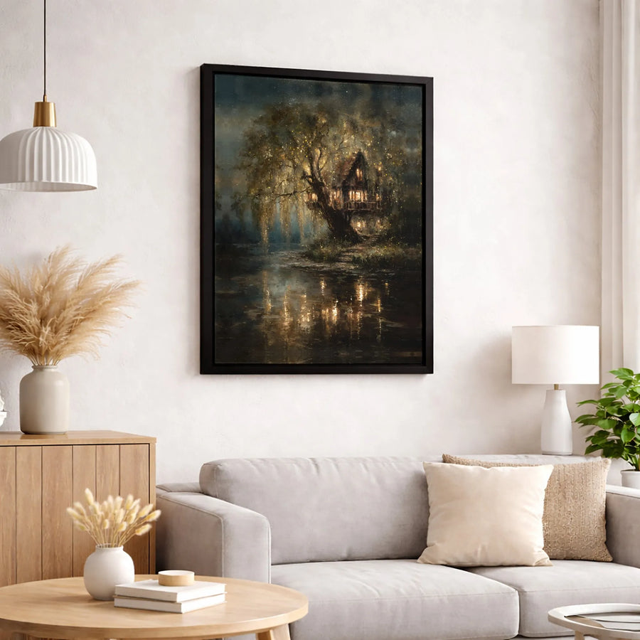 Magical Treehouse Wall Art | Glowing Forest Nightscape Canvas | Premium Gallery Wrapped Decor | Fantasy Landscape Print for Living Room