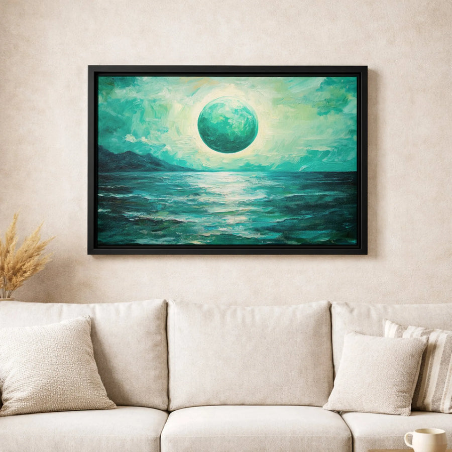 Green Moon Ocean Seascape Canvas | Abstract Teal Coastal Wall Art | Gallery Wrapped Premium Print | Modern Serene Home Decor Gift