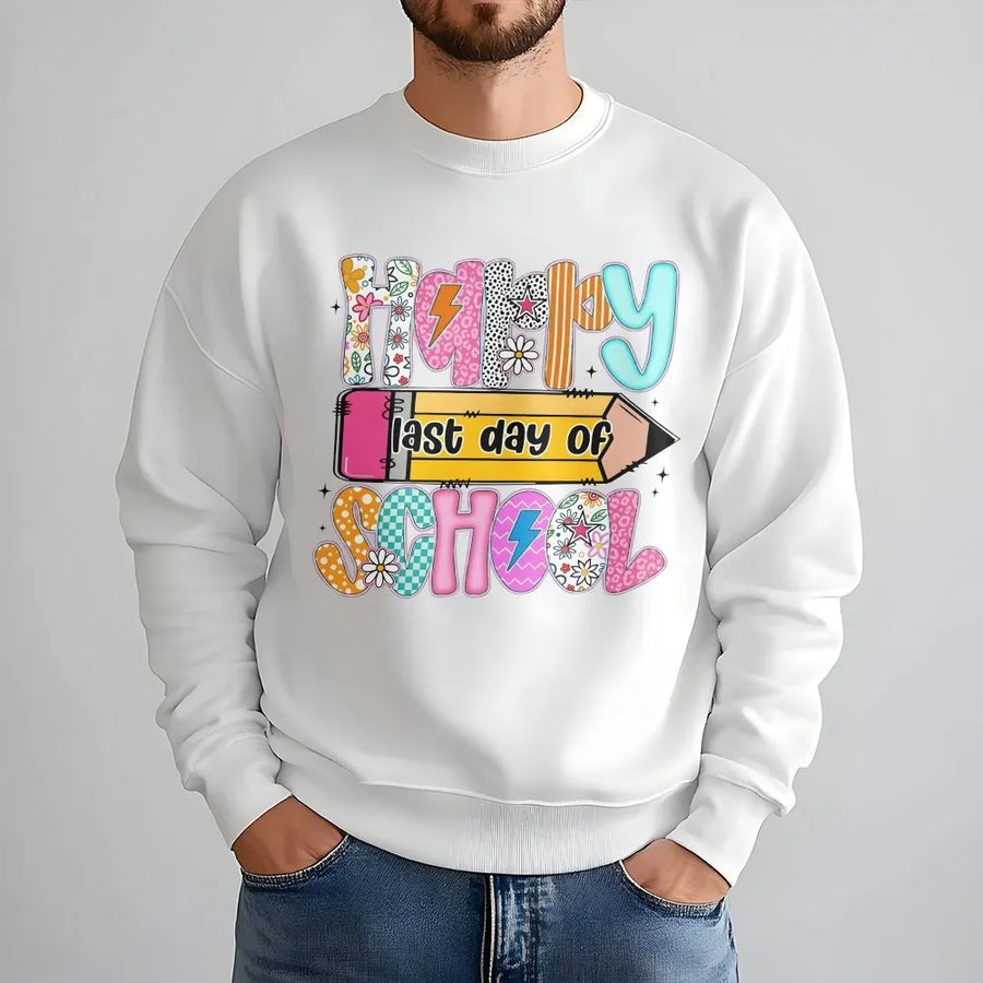 Happy Last Day of School Sweatshirt | Colorful Retro Graphic Sweatshirt | Premium Cotton Blend | End of Year Gift for Teacher