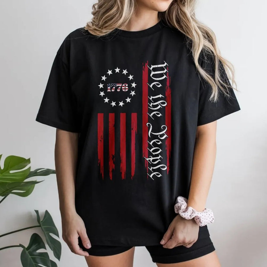 We The People 1776 T-Shirt | Vintage Distressed Vertical USA Flag | Premium Cotton Blend | Patriotic 4th of July Gift for Men