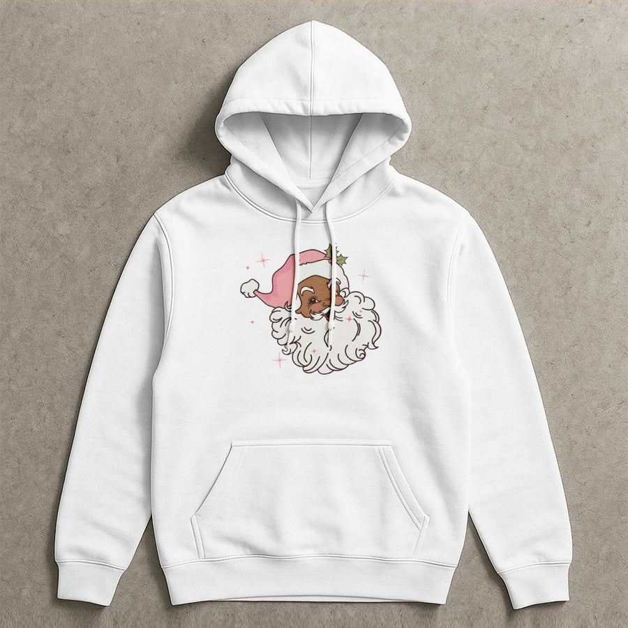 Black Santa Hoodie | Retro Pink Hat Christmas Graphic | Premium Cotton Blend Sweatshirt | Melanin Holiday Gift for Women and Men