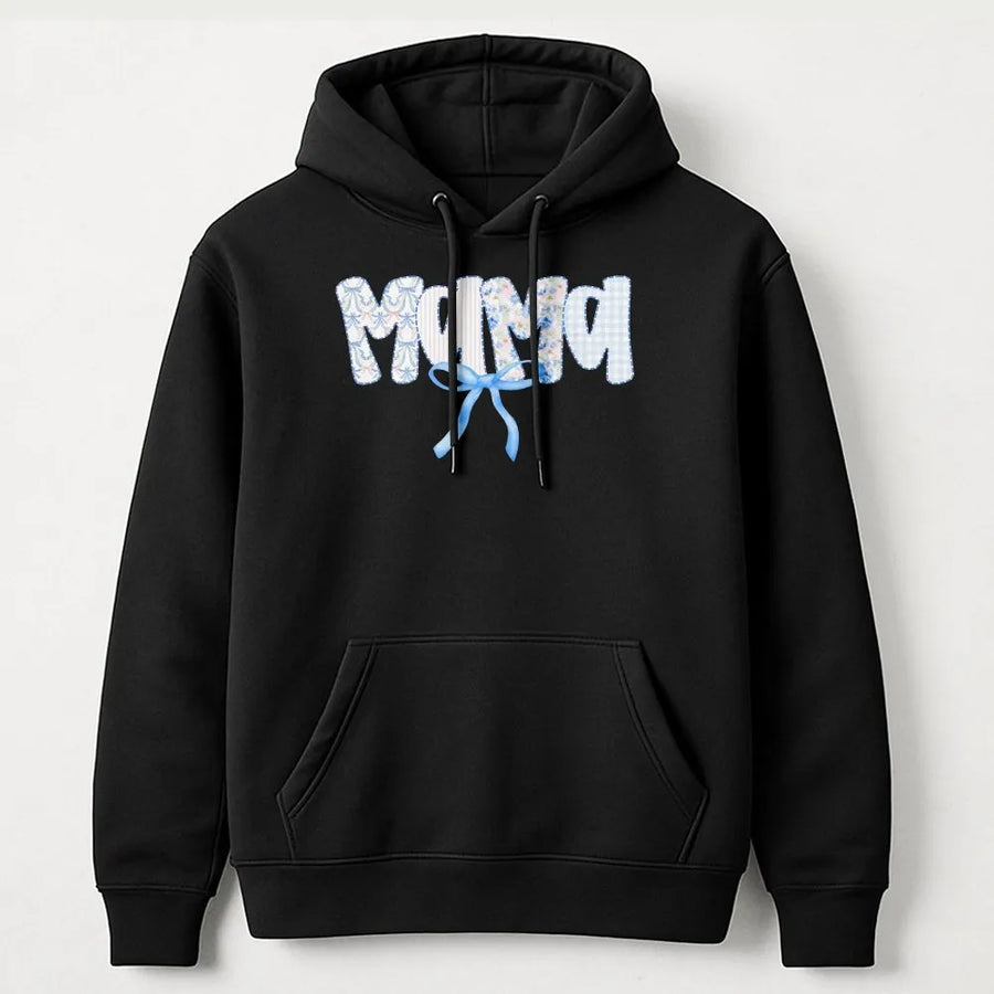 Mama Hoodie | Blue Bow Patchwork Lettering | Soft Cotton Blend | New Mom Gift for Mother's Day