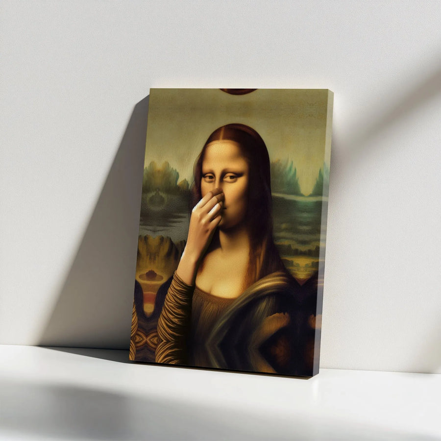 Mona Lisa Parody Canvas Wall Art | Funny Renaissance Painting Holding Nose | Premium Stretched Canvas Print | Unique Gag Gift for Bathroom Decor