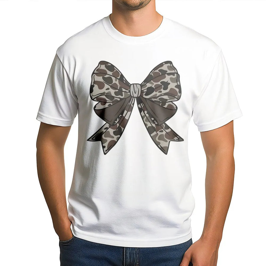 Camo Bow T-Shirt | Trendy Coquette Aesthetic Graphic | Premium Soft Cotton | Hunting Gift for Her Wife Outdoors