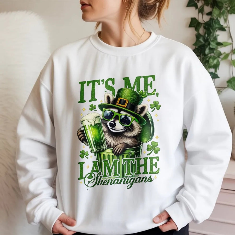 St. Patrick's Day Raccoon Sweatshirt | It's Me I Am The Shenanigans Funny Graphic | Premium Cotton Blend | Unisex Holiday Gift for Irish Party