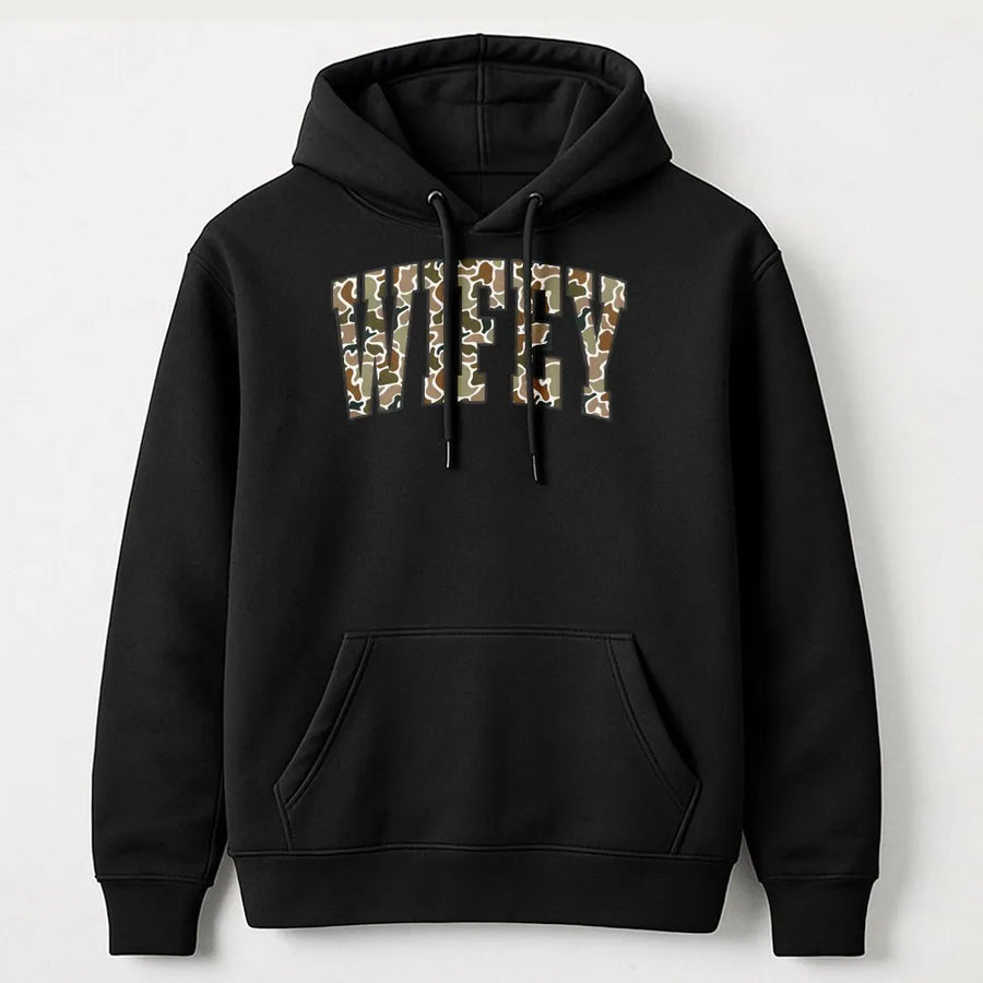 Camo Wifey Hoodie | Hunting Camouflage Graphic Pullover | Premium Cotton Blend | Anniversary Gift for Wife, Country Girl