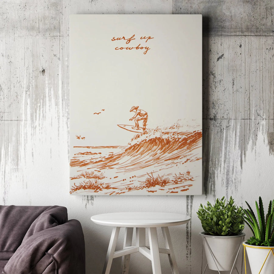 Surfing Cowboy Canvas Wall Art | Western Beach Aesthetic Line Sketch | Premium Gallery Wrap Print | Coastal Home Decor Gift for Him