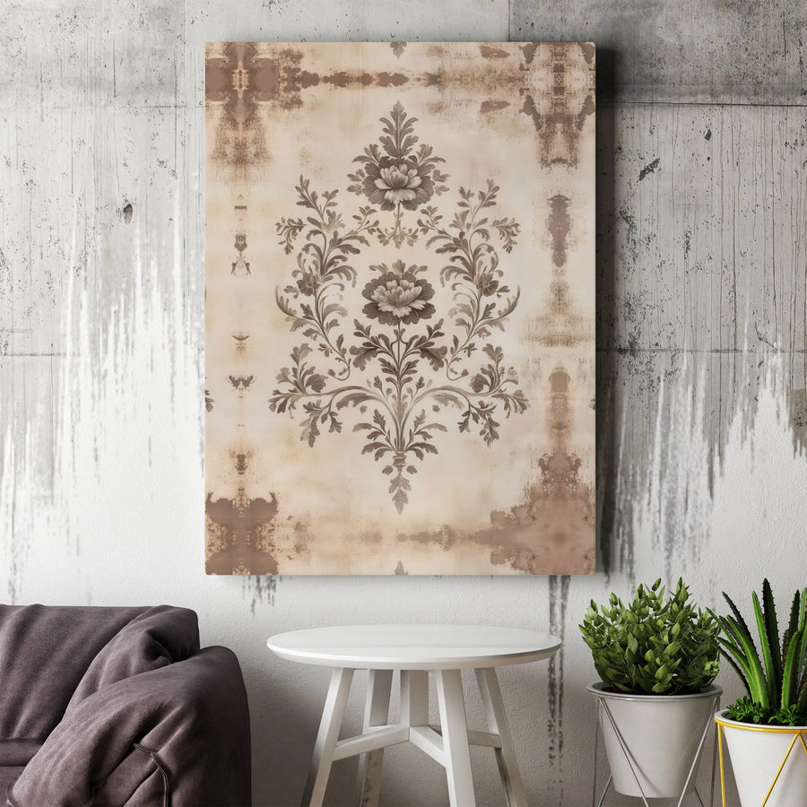 Vintage Damask Canvas Print | Distressed Botanical Wall Art | Premium Gallery Wrapped Canvas | Elegant Farmhouse Living Room Decor Gift