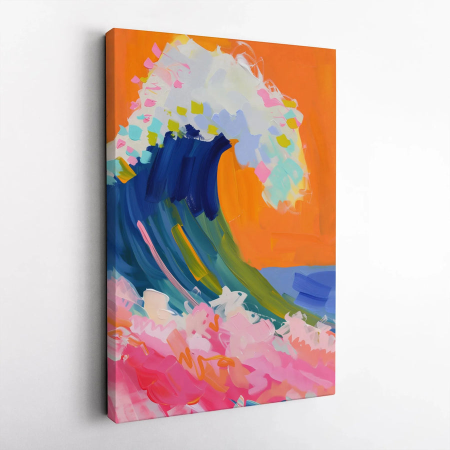 Abstract Ocean Wave Canvas Wall Art | Vibrant Pink and Orange Seascape Print | Premium 1.25-inch Thick Gallery Wrap | Modern Coastal Home Decor Gift