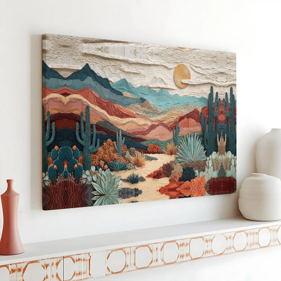 Southwestern Desert Canvas Wall Art | Textured Saguaro Cactus & Mountain Landscape | 1.25" Gallery Wrap Premium Print | Modern Home & Office Decor