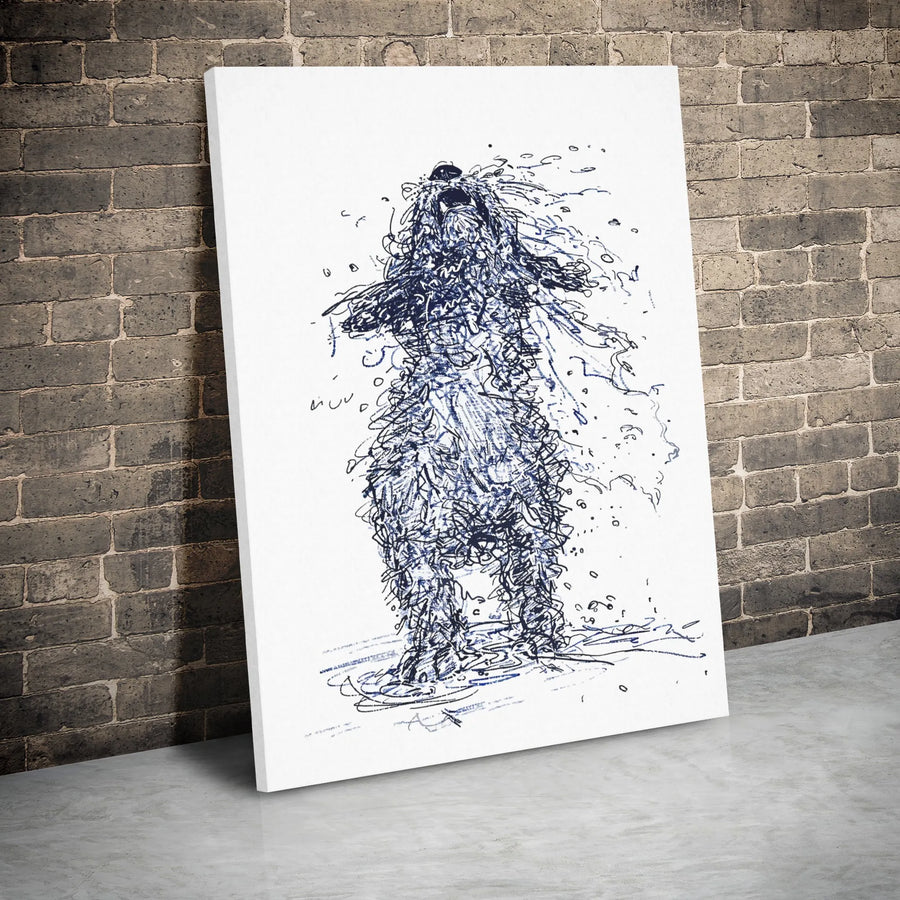 Wet Dog Shaking Canvas Print | Abstract Blue Ink Scribble Sketch | Premium Gallery Wrap Wall Art | Modern Animal Home Decor Gift