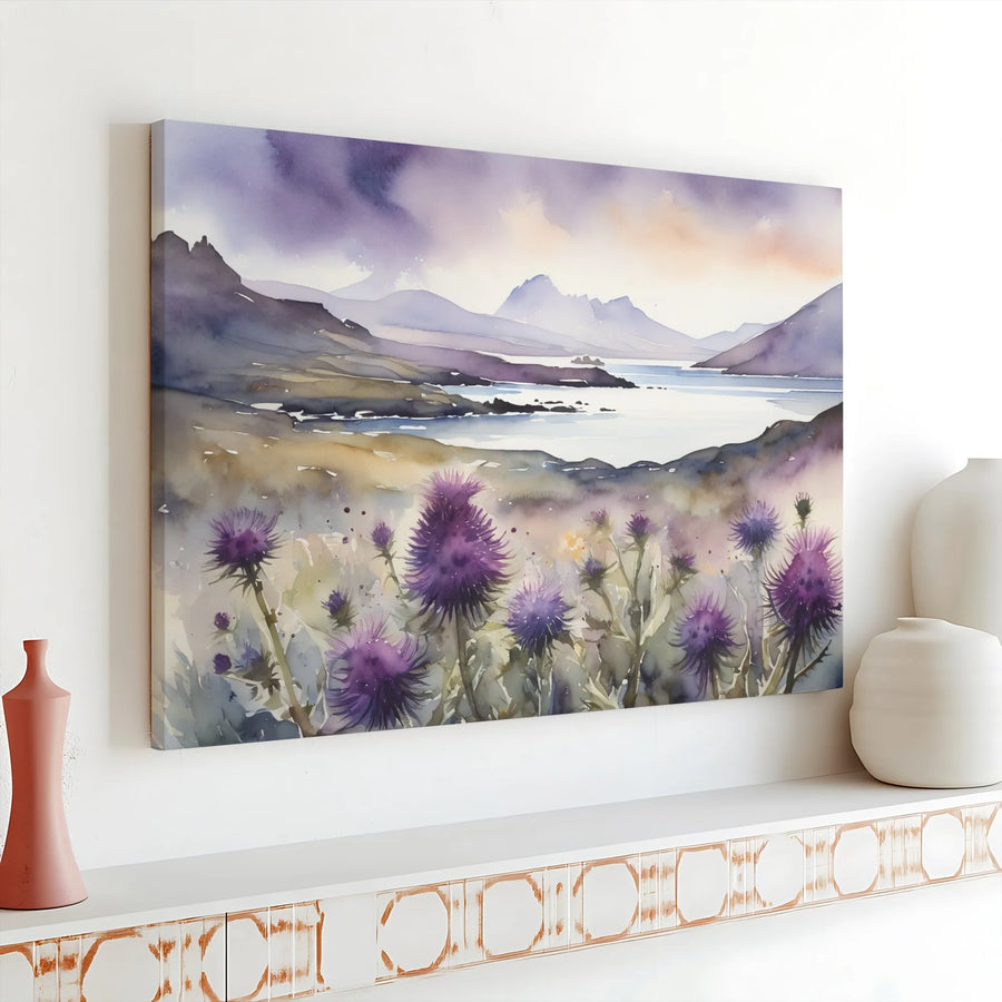 Scottish Thistle Canvas Wall Art | Watercolor Highland Landscape Print | Premium Gallery Wrapped Canvas | Scotland Home Decor Gift for Living Room