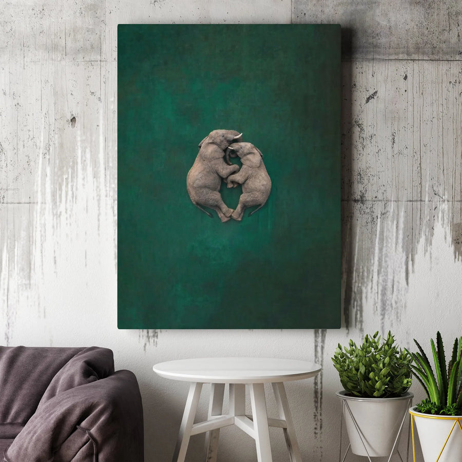 Elephant Couple Canvas Print | Embracing Elephants Heart Art | Premium Gallery Wrap Canvas | Modern Wildlife Home Decor Gift for Couples