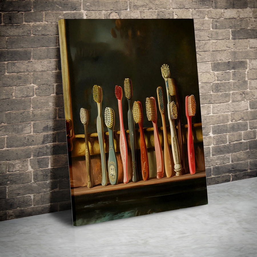 Vintage Toothbrush Still Life Canvas Print | Artistic Bathroom Wall Decor | Premium Gallery Wrap | Unique Dentist Office Gift