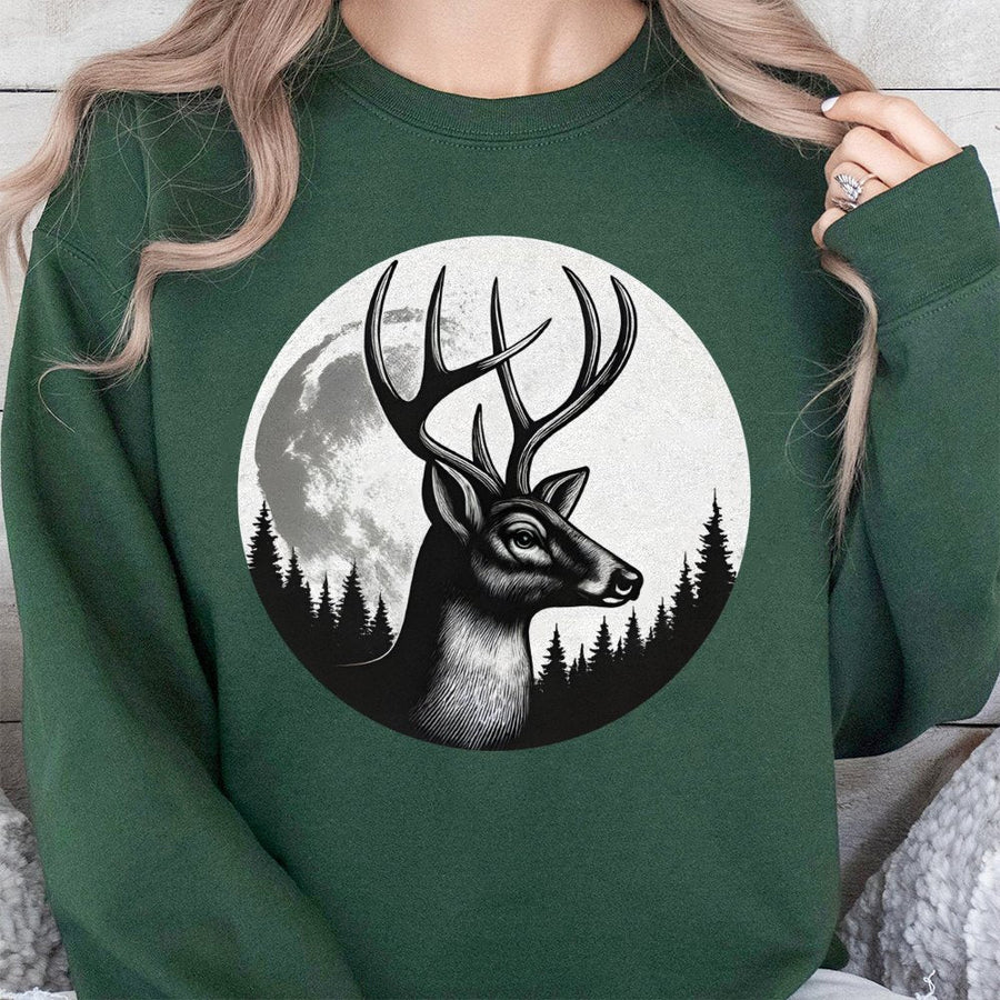 Deer Antler Sweatshirt | Full Moon Forest Graphic Print | Premium Cotton Blend Crewneck | Outdoor Nature Lover Gift for Men and Women