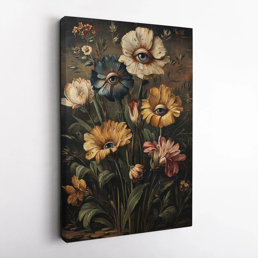 Surreal Eyeball Flower Vertical Canvas | Vintage Gothic Botanical Art Print | Premium Gallery Wrapped Wall Decor | Unique Collector's Gift for Oddity Lovers