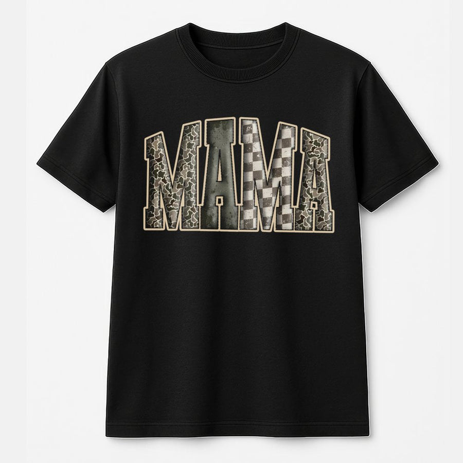 Mama T-Shirt Western | Camo Checkered Varsity Letters | Premium Soft Cotton | Hunting Mom Gift Idea for Her