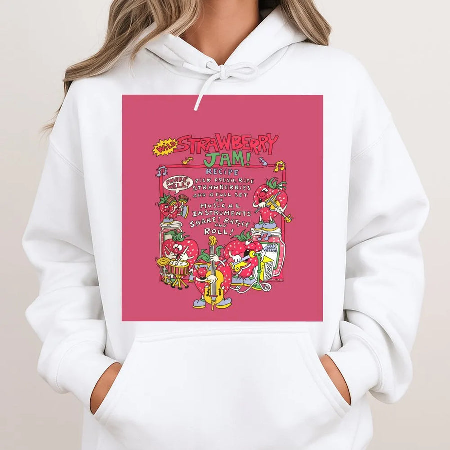 Strawberry Jam Band Hoodie | Cute Retro Fruit Cartoon Graphic | Premium Cotton Blend Streetwear | Aesthetic Indie Gift For Music Lovers