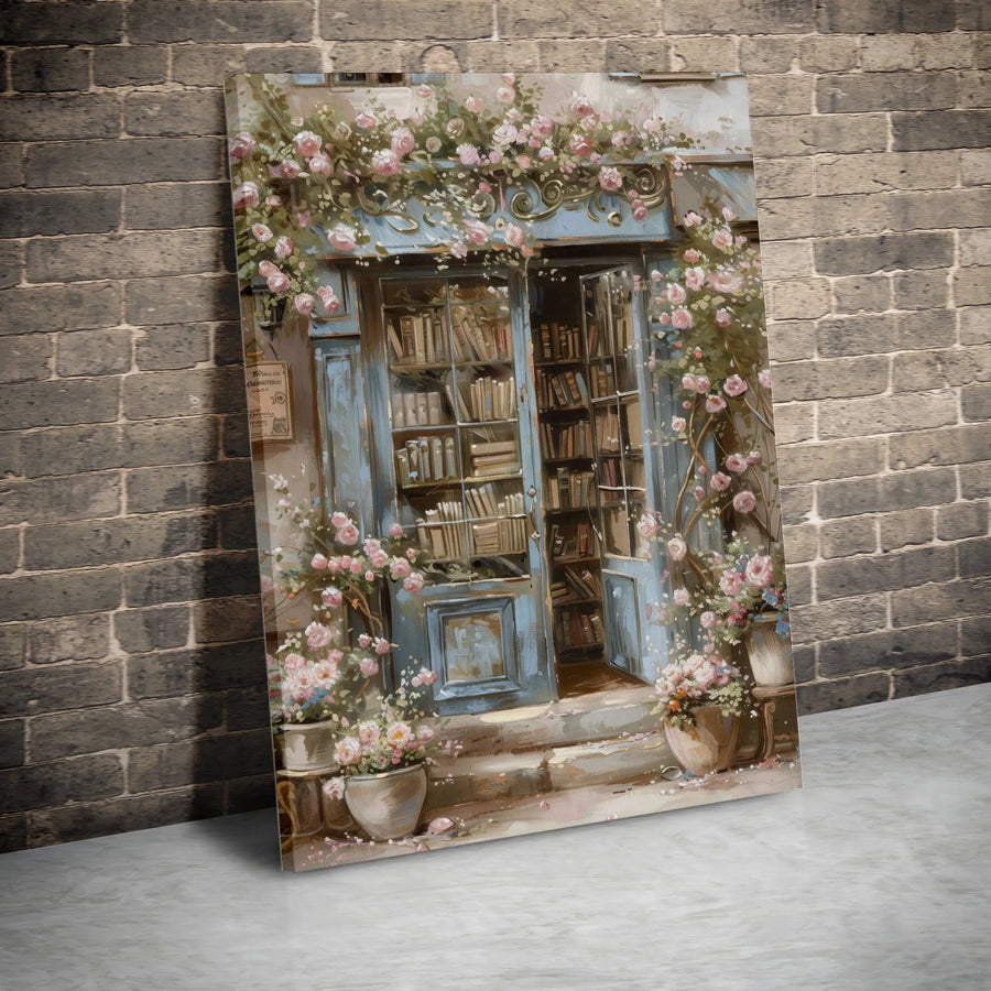 Vintage Bookstore Canvas Print | French Cottage Aesthetic with Blue Door and Pink Roses | Premium Gallery-Wrapped Wall Art | Romantic Home Decor Gift