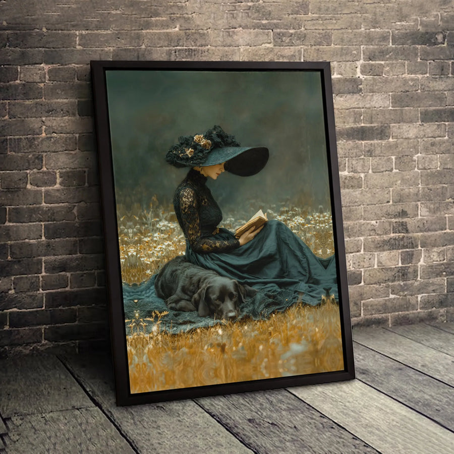Victorian Woman Reading Wall Art | Dark Academia Aesthetic Print | Premium Gallery Wrapped Canvas | Gift for Book Lovers and Dog Owners