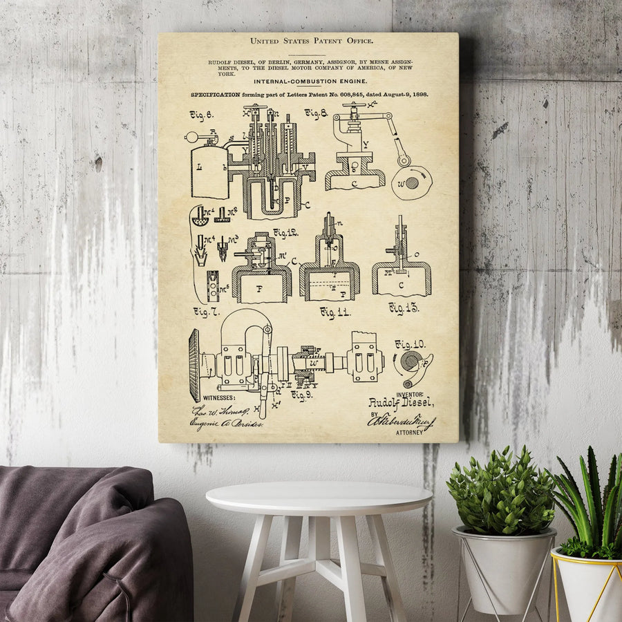 Rudolf Diesel Engine Patent Print | 1898 Mechanical Blueprint Wall Art | Premium Gallery Canvas | Gift for Engineers & Mechanics