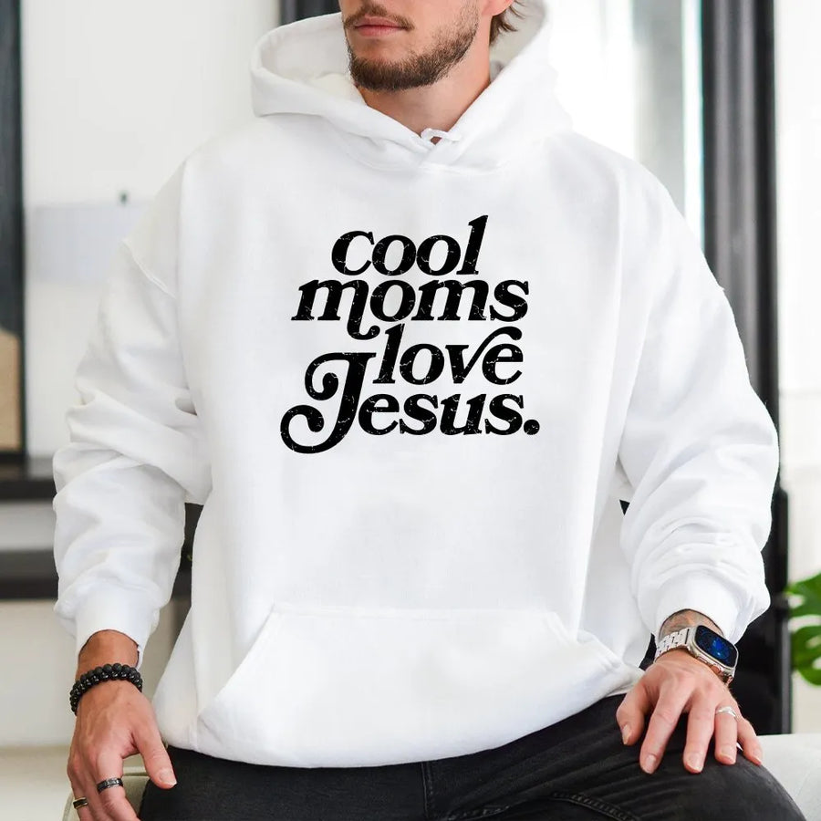 Cool Moms Love Jesus Hoodie | Retro Faith Graphic Sweatshirt | Soft Cotton Blend | Religious Gift for Christian Mom, Mother's Day Present