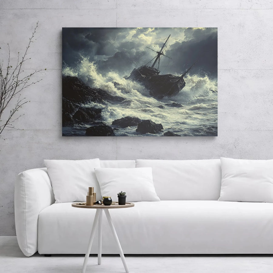 Shipwreck Wall Art Canvas | Dramatic Stormy Sea With Crashing Waves | 1.25” Thick Gallery Wrap | Moody Nautical Decor For Living Room