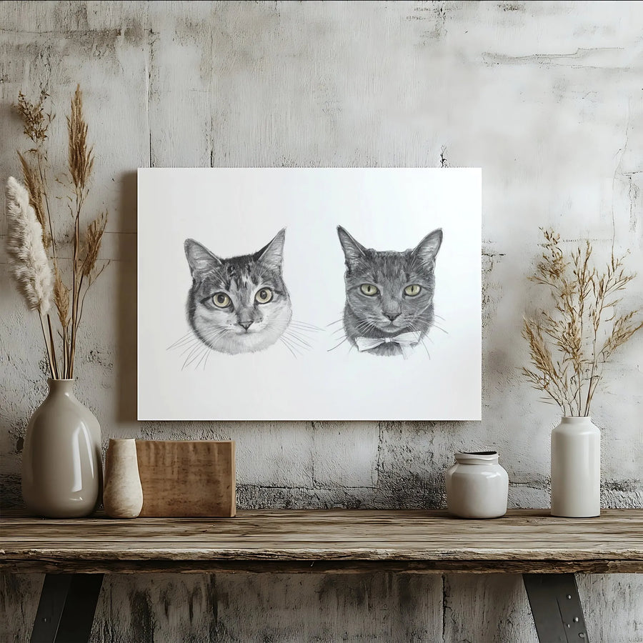 Cat Portrait Canvas Wall Art | Realistic Two Cat Pencil Sketch | Premium Gallery Wrap Canvas | Unique Gift for Cat Lover