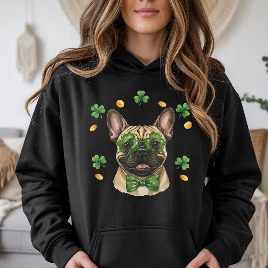 French Bulldog St. Patrick's Day Hoodie | Lucky Shamrock Glasses Graphic | Premium Cotton Blend | Funny Dog Mom Gift for Holiday Party