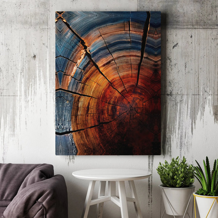Abstract Tree Ring Canvas Print | Blue and Orange Cracked Wood Slice Design | Premium Gallery Canvas | Modern Rustic Home Decor Gift